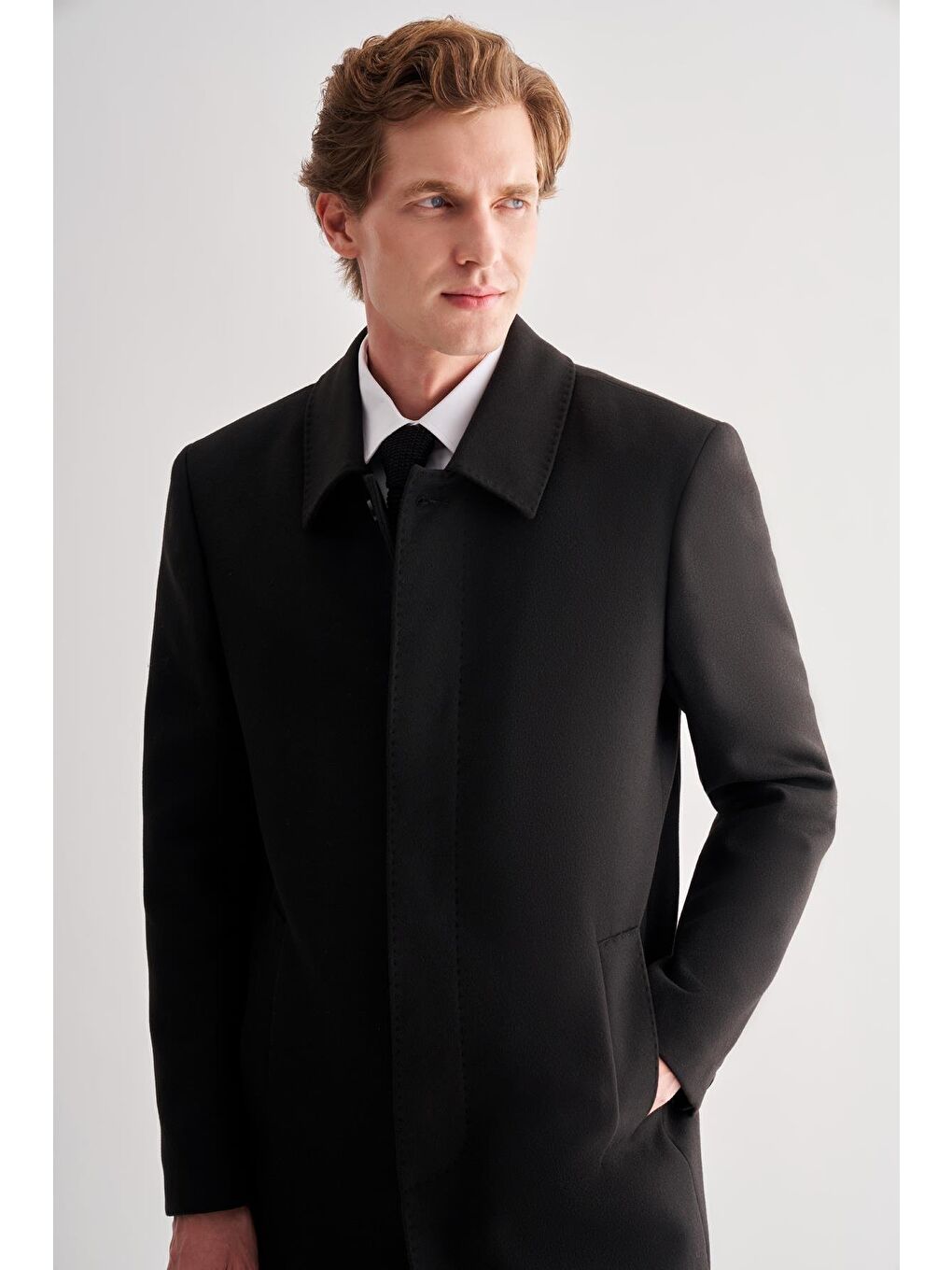 Siyah Berberi Yaka Tam Astar Classic Comfort Fit Esnek Kaşe Palto 1005255152-3