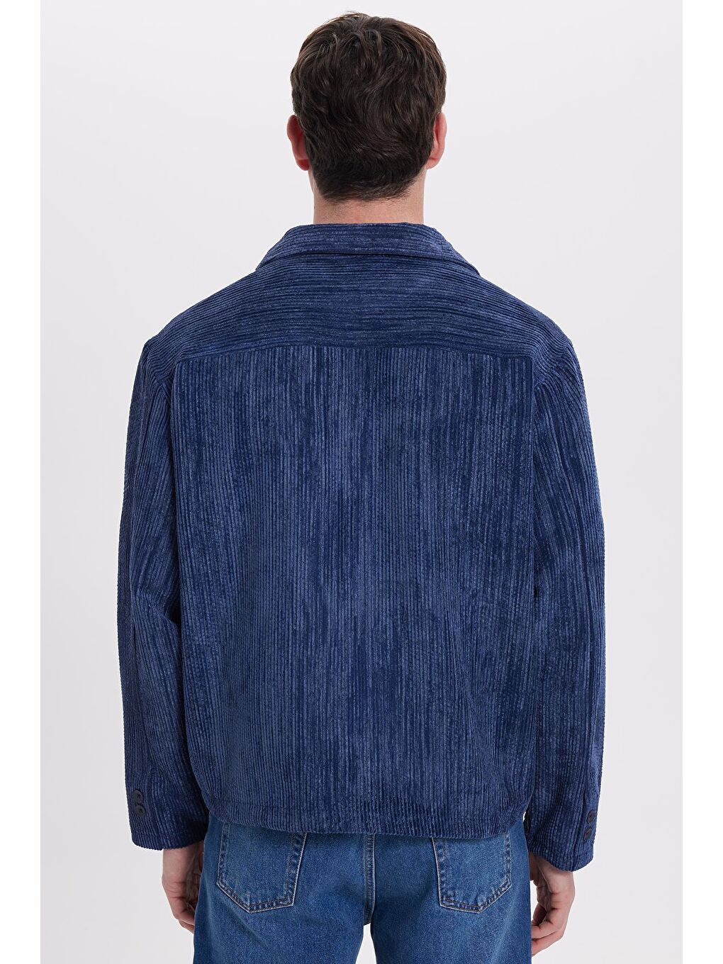 Erkek Relax Fit Rahat Kesim Fitilli Fermuarlı Astarlı Cepli Kolej İndigo Ceket Mont Gömlek-5