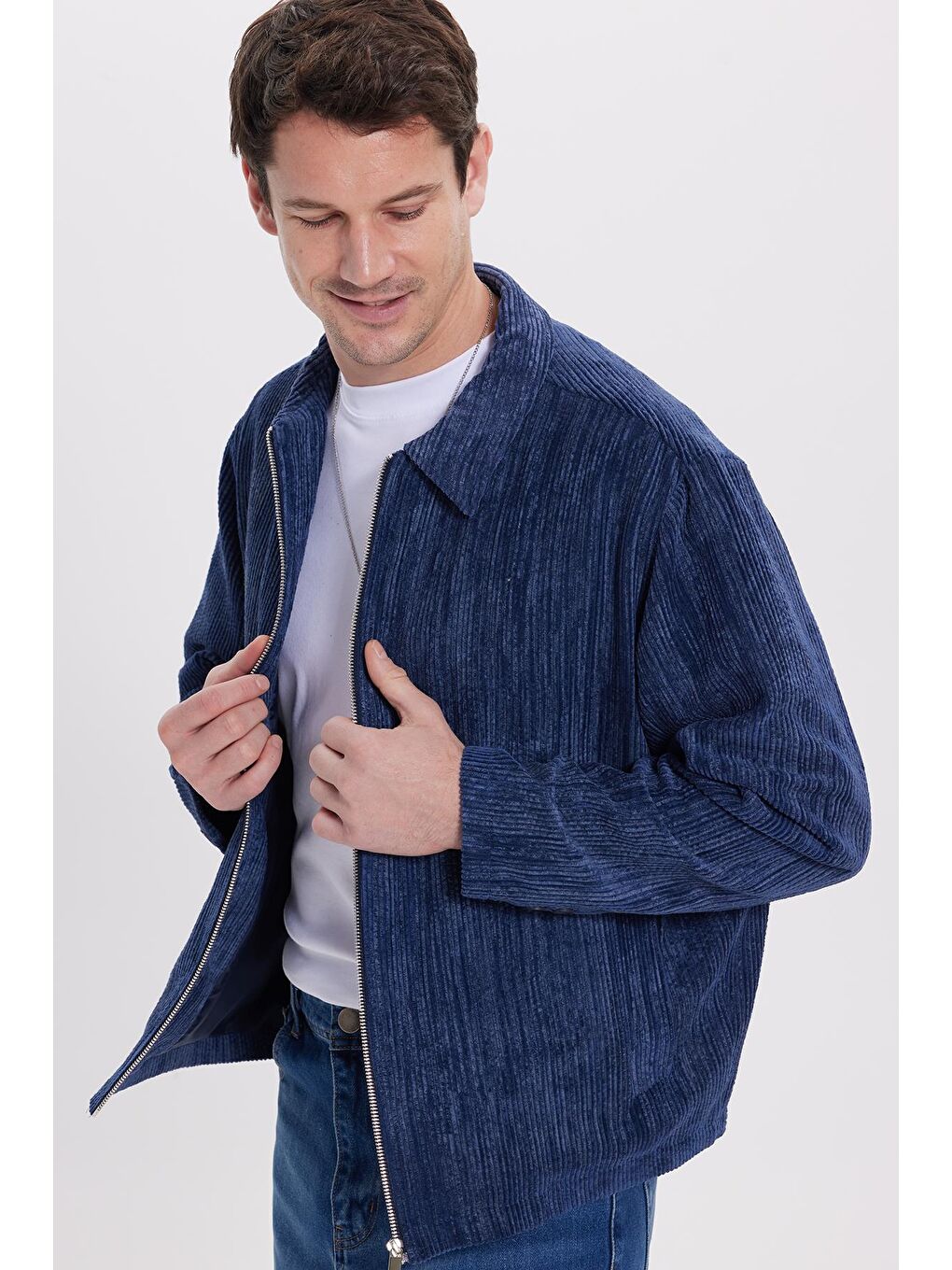 Erkek Relax Fit Rahat Kesim Fitilli Fermuarlı Astarlı Cepli Kolej İndigo Ceket Mont Gömlek-6
