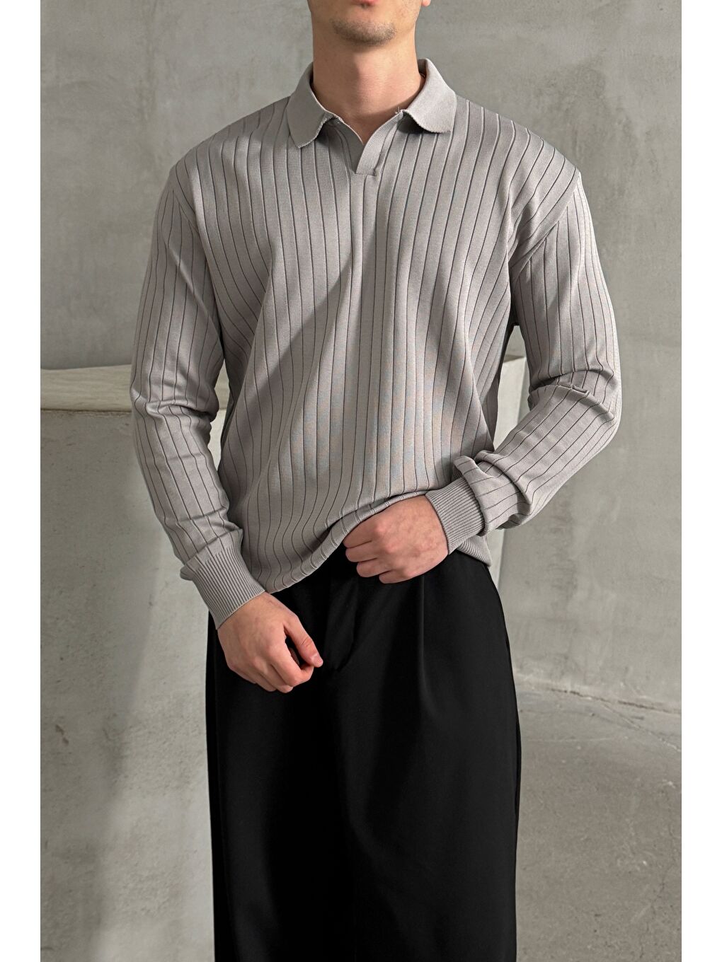 Gri Erkek Polo Yaka Fitilli Oversize Triko Kazak-1