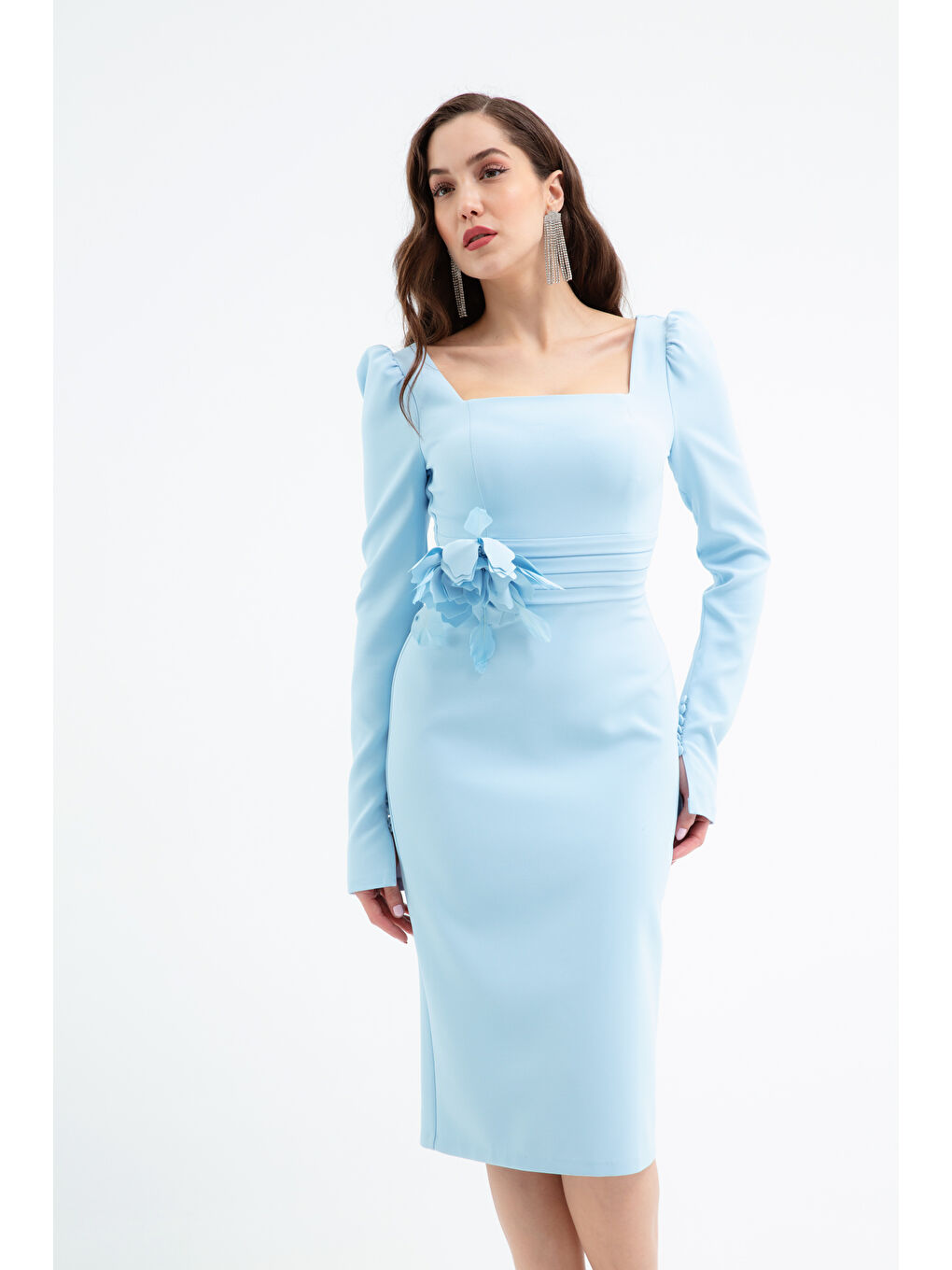 Kadın Bebe Mavi Gül Detaylı Uzun Kol Söz Nişan Nikah Abiye Elbise-2