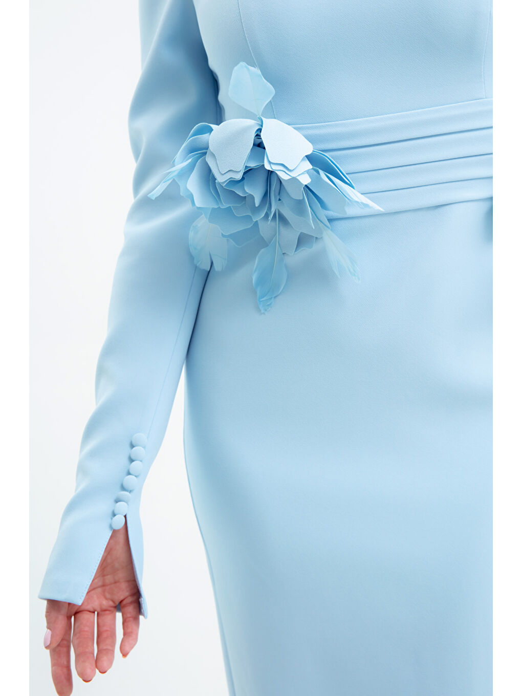 Kadın Bebe Mavi Gül Detaylı Uzun Kol Söz Nişan Nikah Abiye Elbise-3