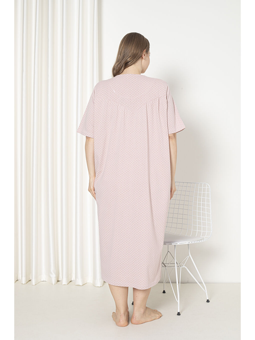 Pembe %100 Pamuklu Penye Kısa Kol Büyük Beden Anne Geceliği 051-4