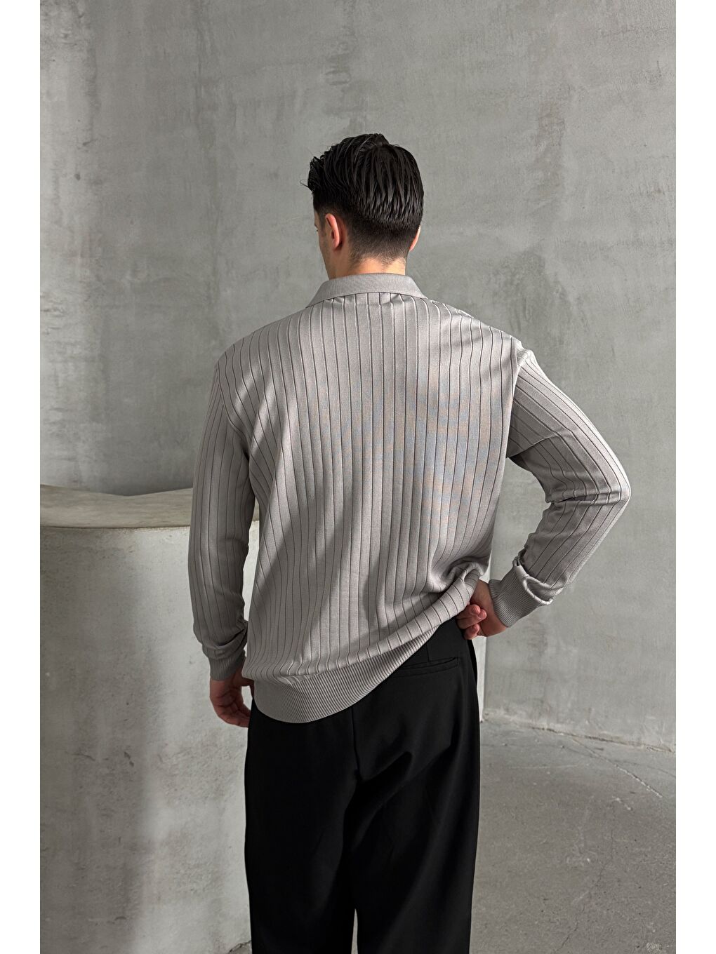 Gri Erkek Polo Yaka Fitilli Oversize Triko Kazak-3