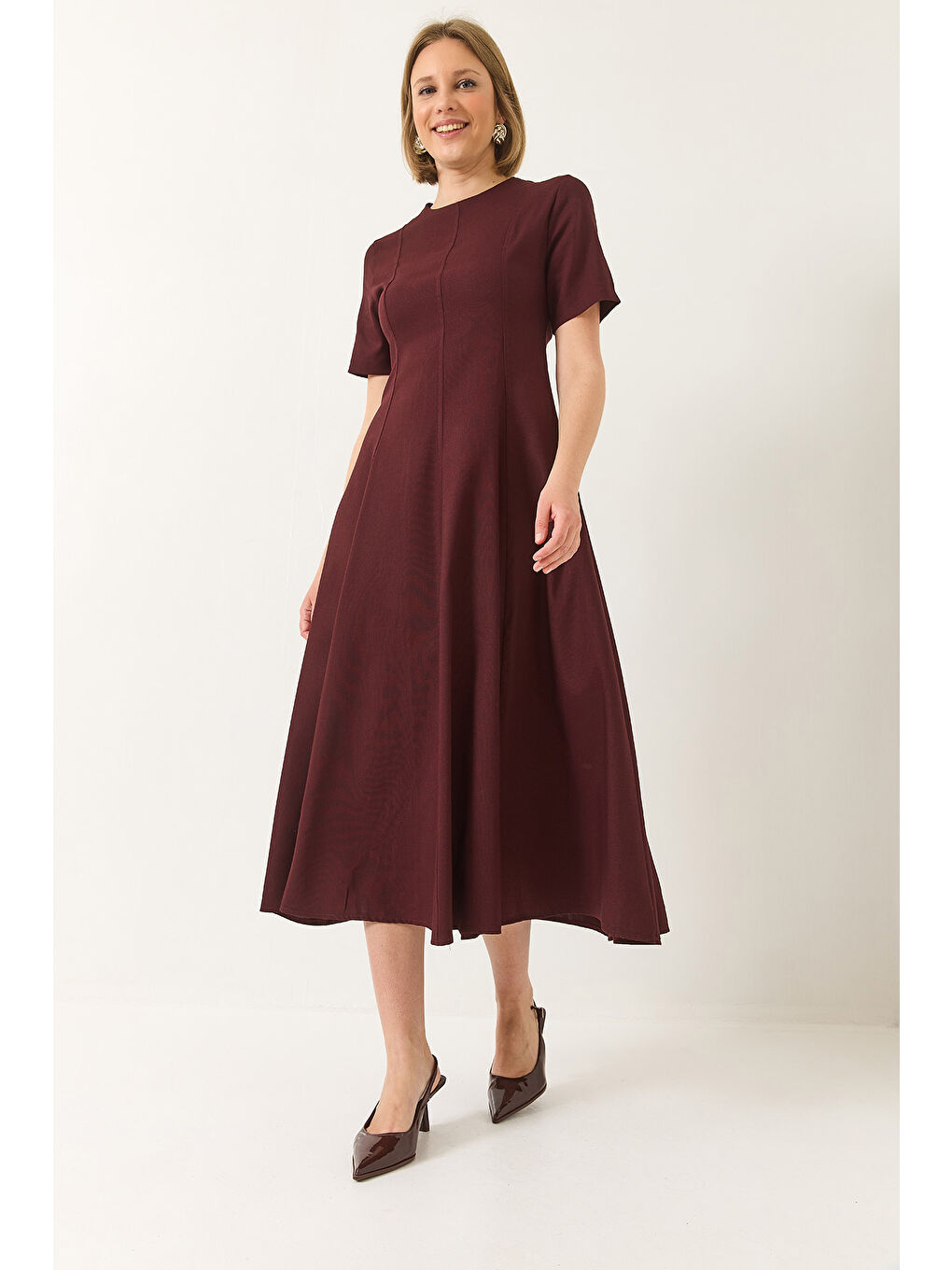 Bordo Kadın Godeli Kısa Kollu Midi Boy Gizli Fermuarlı Yazlık Elbise-2