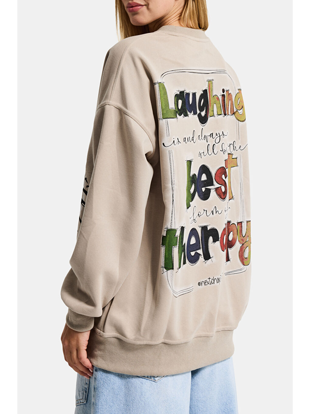 Kadın Ekru Bej w5 Oversize Baskılı %100 Pamuk Organik Kumaş Sweatshirt