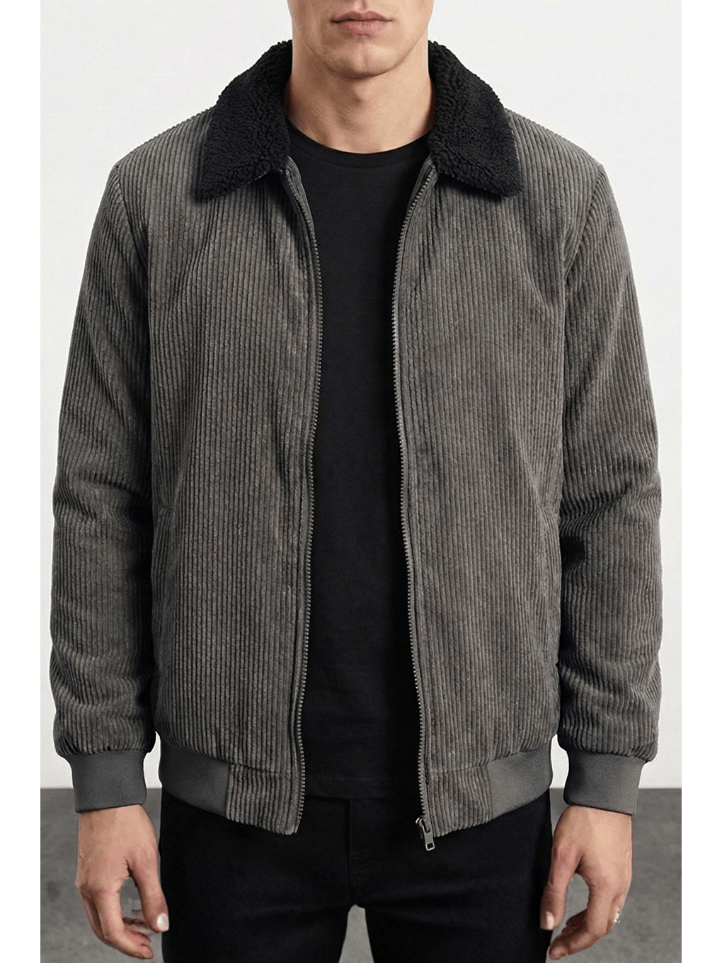 Gri Erkek Kadife Mont Pelüş Astarlı Gömlek Yaka Rüzgar Geçirmez Kadife Mont