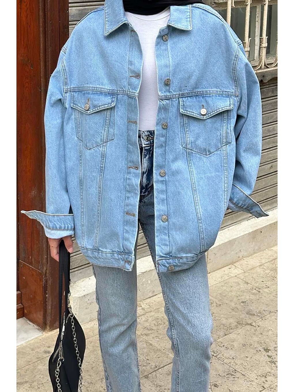 Çift Cepli Oversize Ceket Buz Mavisi-2