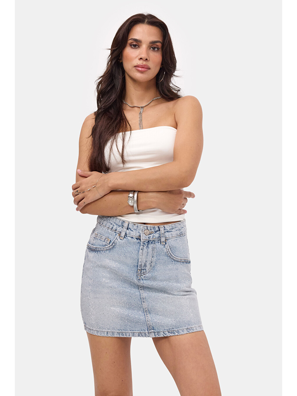 Mavi Kadın Ice T-4s6-3 Straight Mini Parlak Taşlı Tasarım Denim Etek