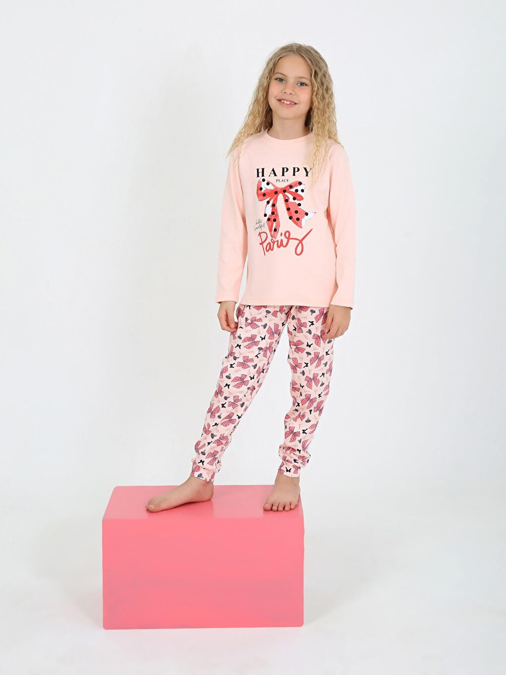 Pembe Kız Çocuk Uzun Kollu %100 Pamuklu Pijama Takımı Place Paris