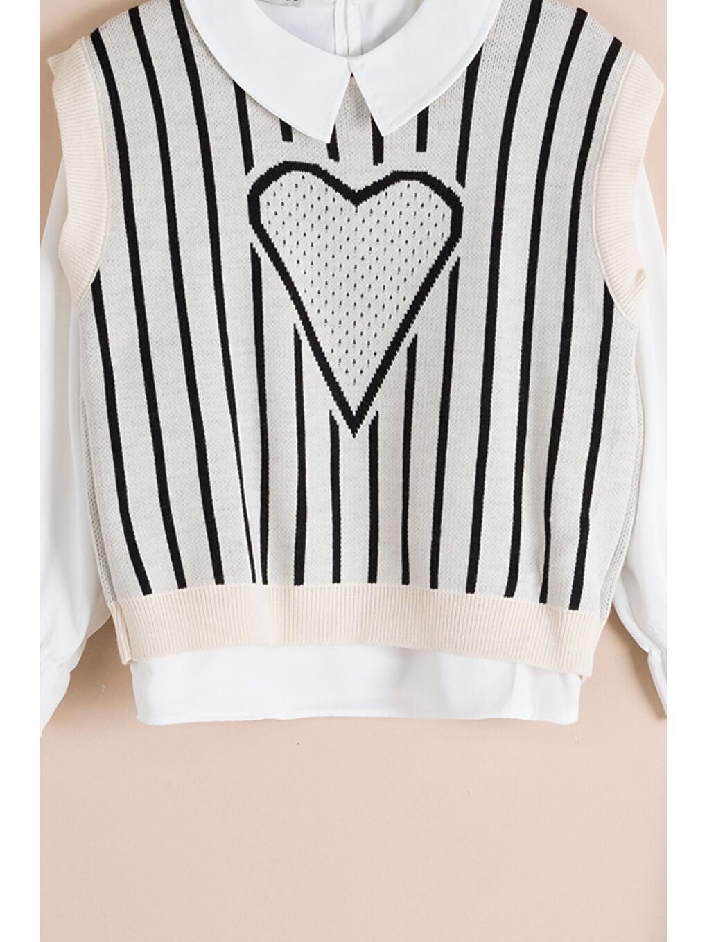 Siyah Kalp Desen Süveterli Gömlekli Kız Çocuk Pantolonlu 3lü Takım 23733-1