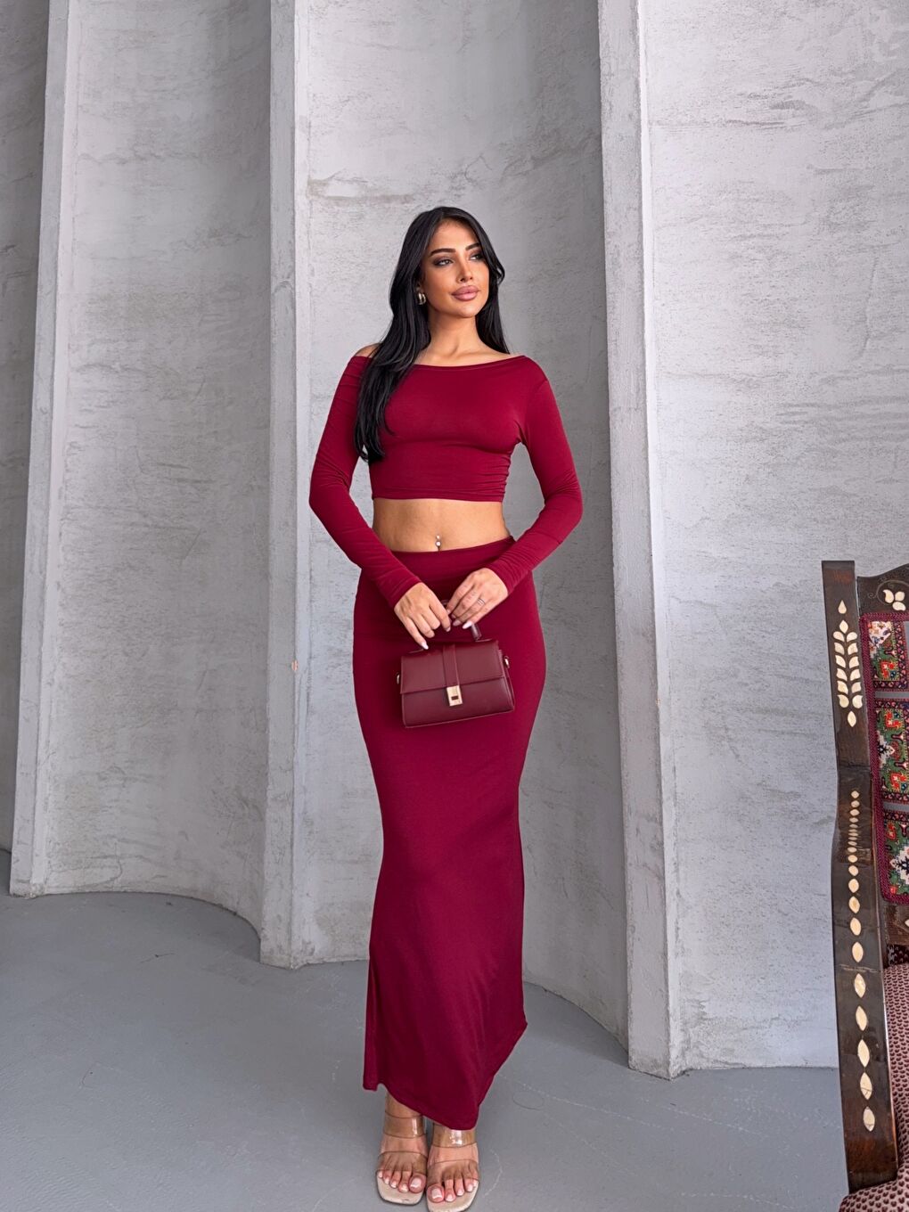 Bordo Sandy Kumaş Etek Bluz Takım-2