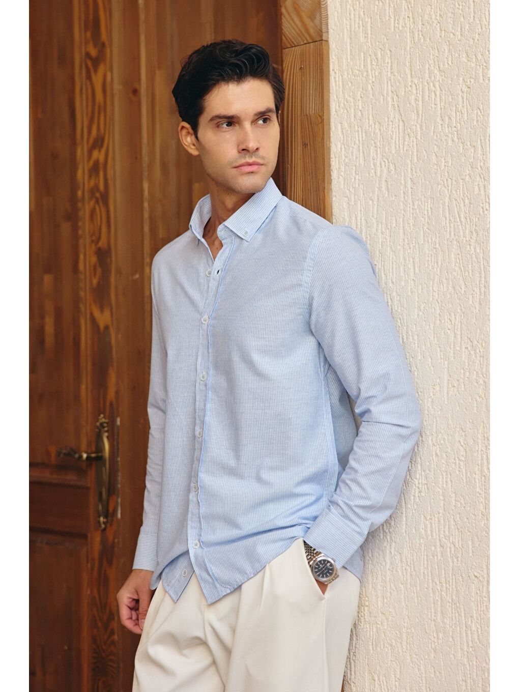 Mavi Kure Erkek Gömlek Modern Slim Fit Keten Görünümlü İnce ve Çizgili Doku-2