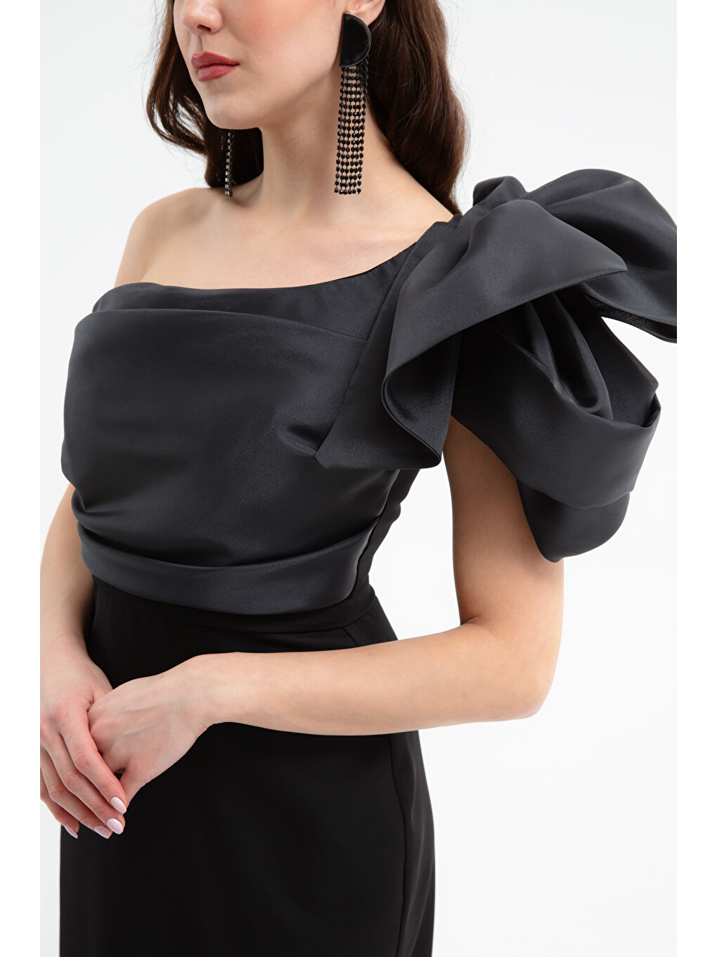 Kadın Siyah Tek Omuz Detaylı Söz Nişan Nikah Abiye Elbise-2