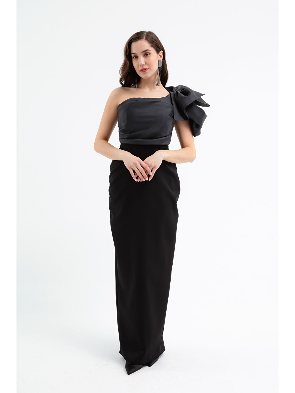 Kadın Siyah Tek Omuz Detaylı Söz Nişan Nikah Abiye Elbise-3