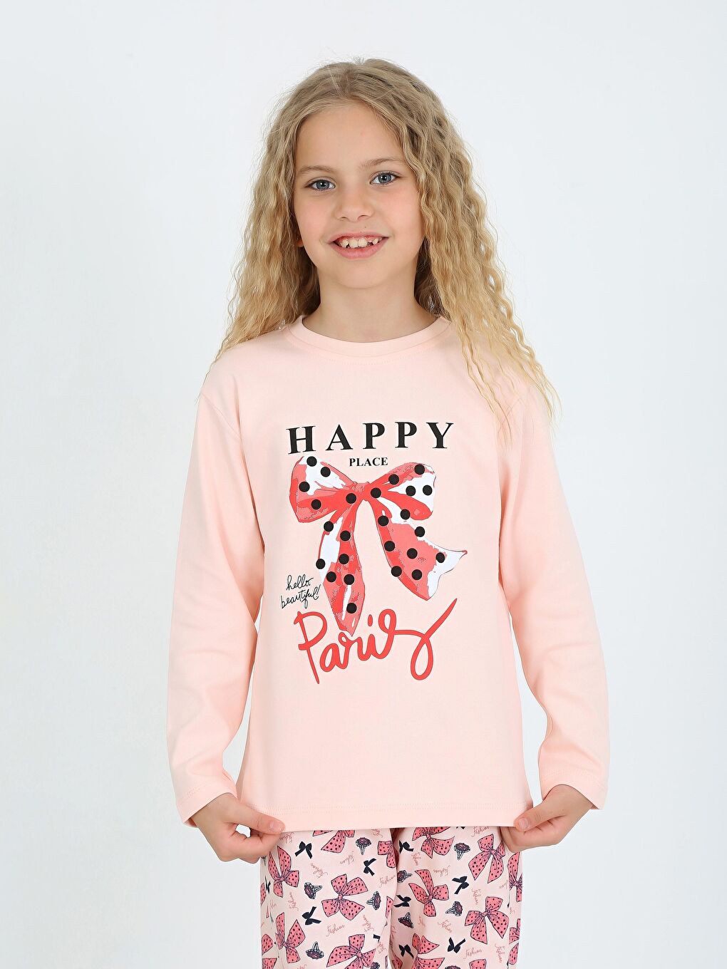 Pembe Kız Çocuk Uzun Kollu %100 Pamuklu Pijama Takımı Place Paris-1