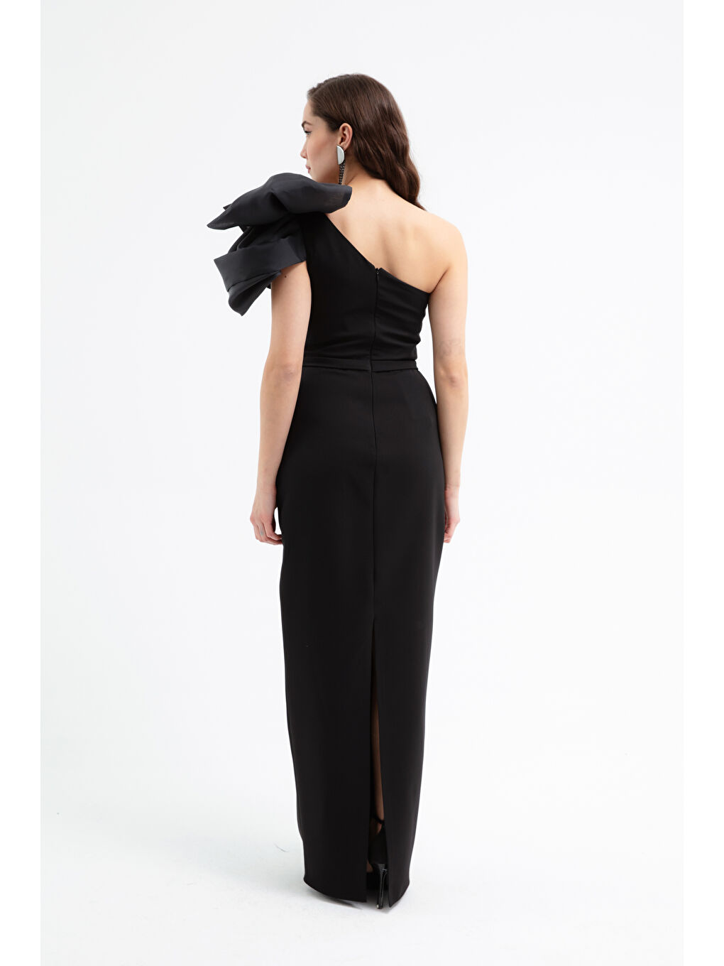 Kadın Siyah Tek Omuz Detaylı Söz Nişan Nikah Abiye Elbise-4