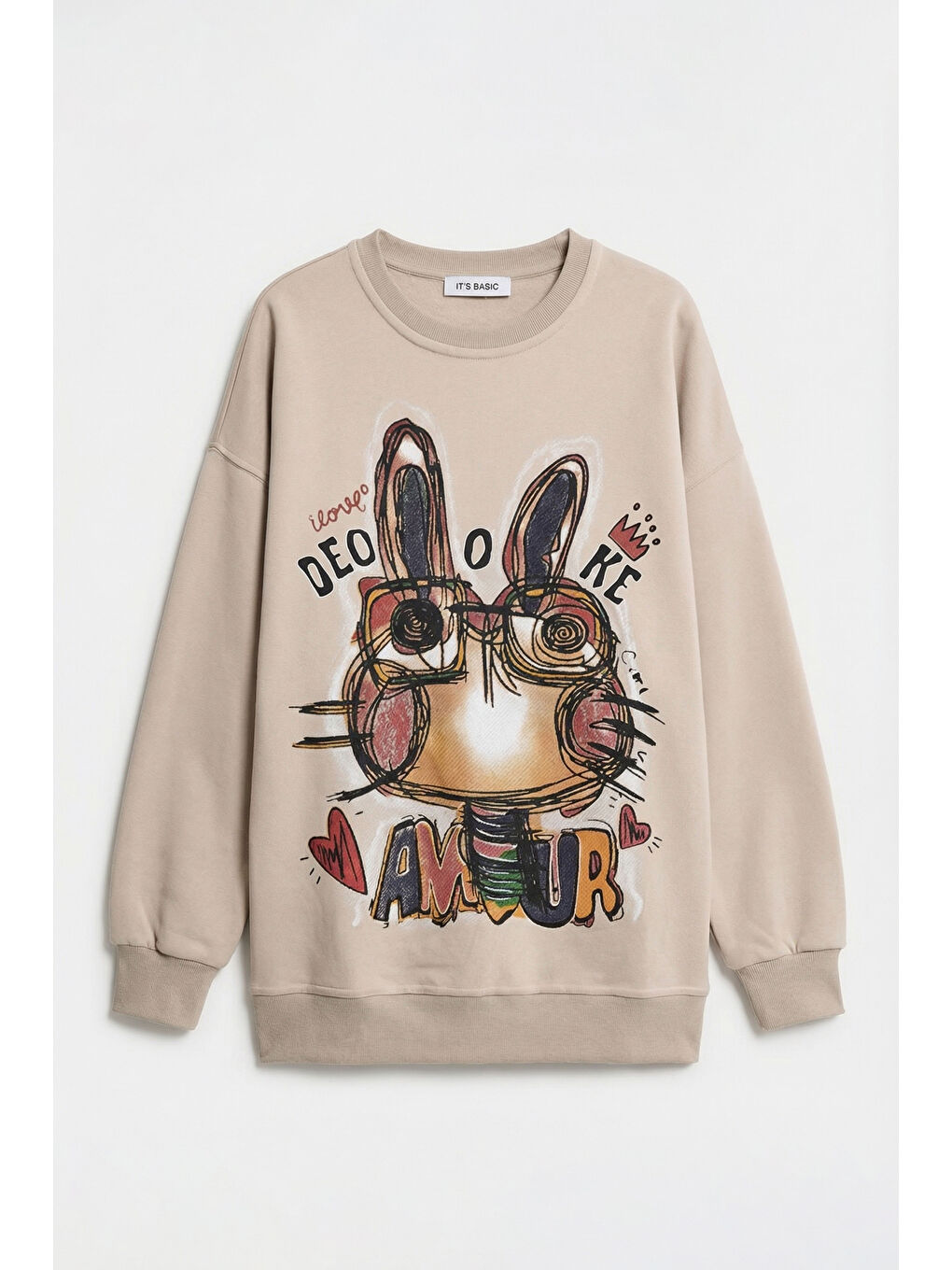 Kadın Ekru Bej w5 Oversize Baskılı %100 Pamuk Organik Kumaş Sweatshirt-1