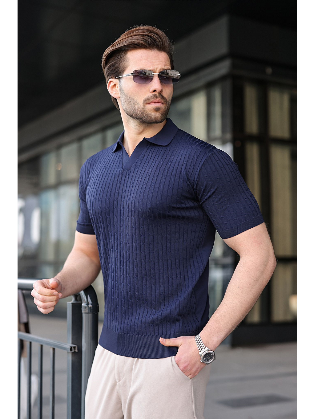 Lacivert Slim Fit Polo Yaka Triko Erkek Tişört E7472