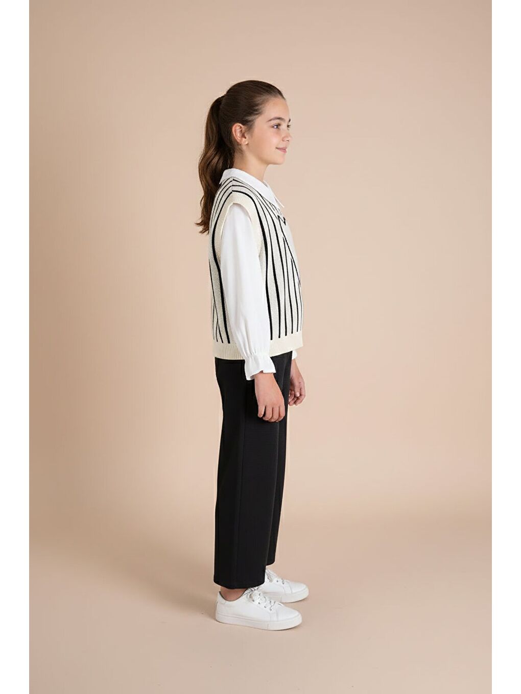 Siyah Kalp Desen Süveterli Gömlekli Kız Çocuk Pantolonlu 3lü Takım 23733-3