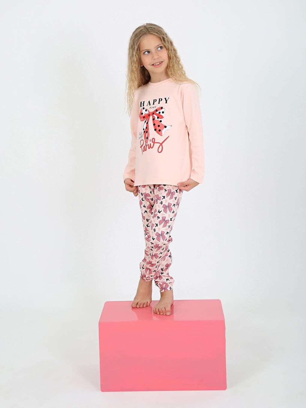 Pembe Kız Çocuk Uzun Kollu %100 Pamuklu Pijama Takımı Place Paris-3