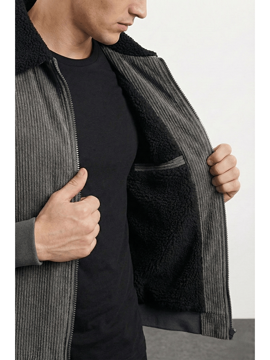 Gri Erkek Kadife Mont Pelüş Astarlı Gömlek Yaka Rüzgar Geçirmez Kadife Mont-1