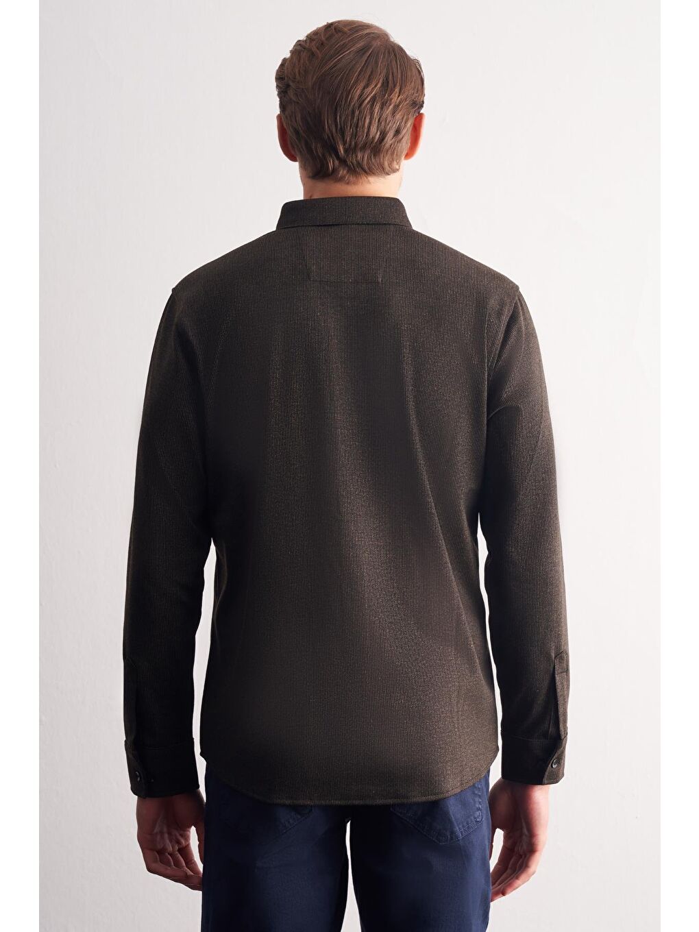 Kahverengi Smart Düğmeli Yaka Uzun Kol Cepsiz Slim Fit Casual Gömlek 1004255170-4