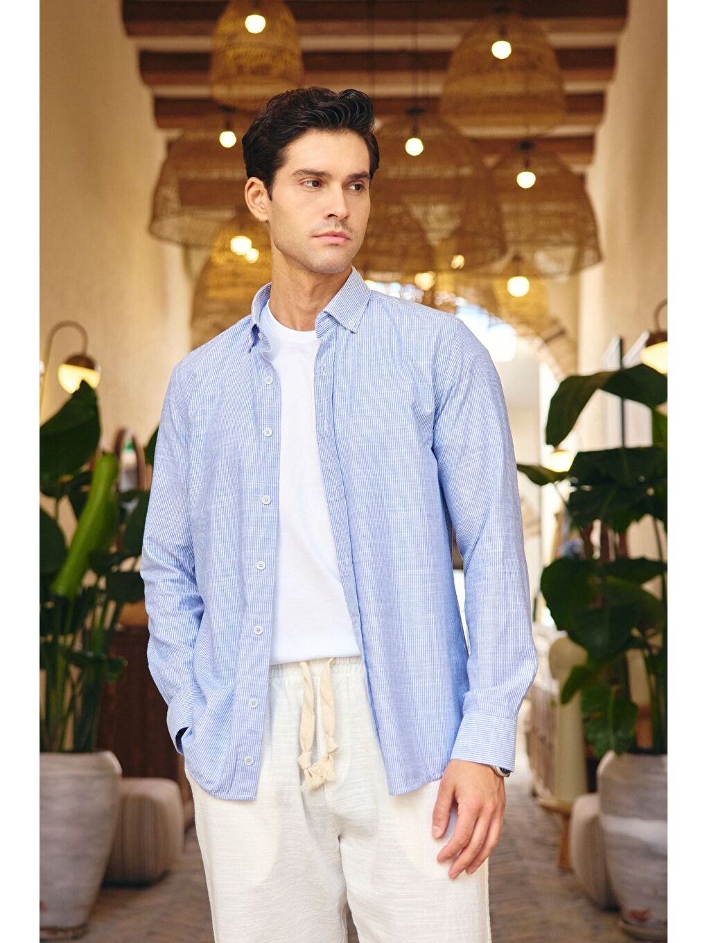 Mavi Kure Erkek Gömlek Modern Slim Fit Keten Görünümlü İnce ve Çizgili Doku-4