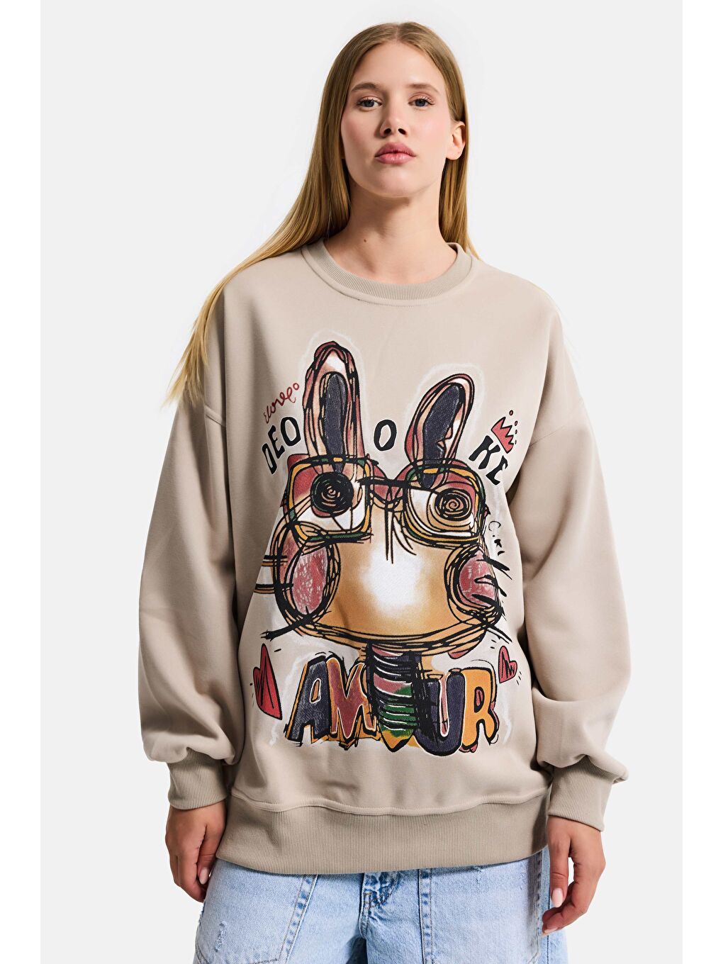 Kadın Ekru Bej w5 Oversize Baskılı %100 Pamuk Organik Kumaş Sweatshirt-2