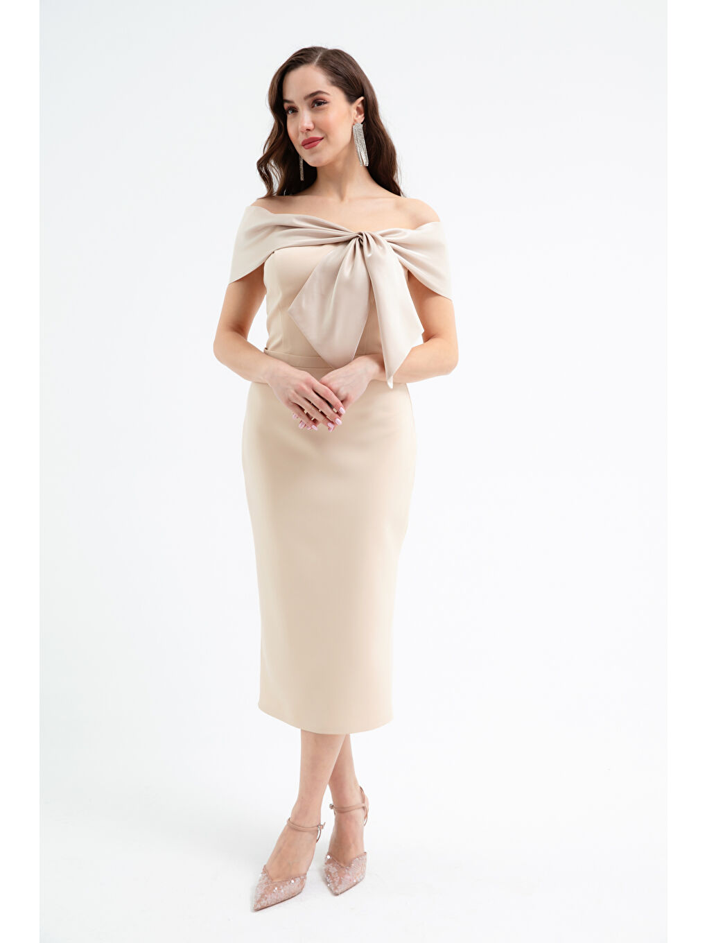 Kadın Bej Yaka Detaylı Söz Nişan Nikah Abiye Elbise-3
