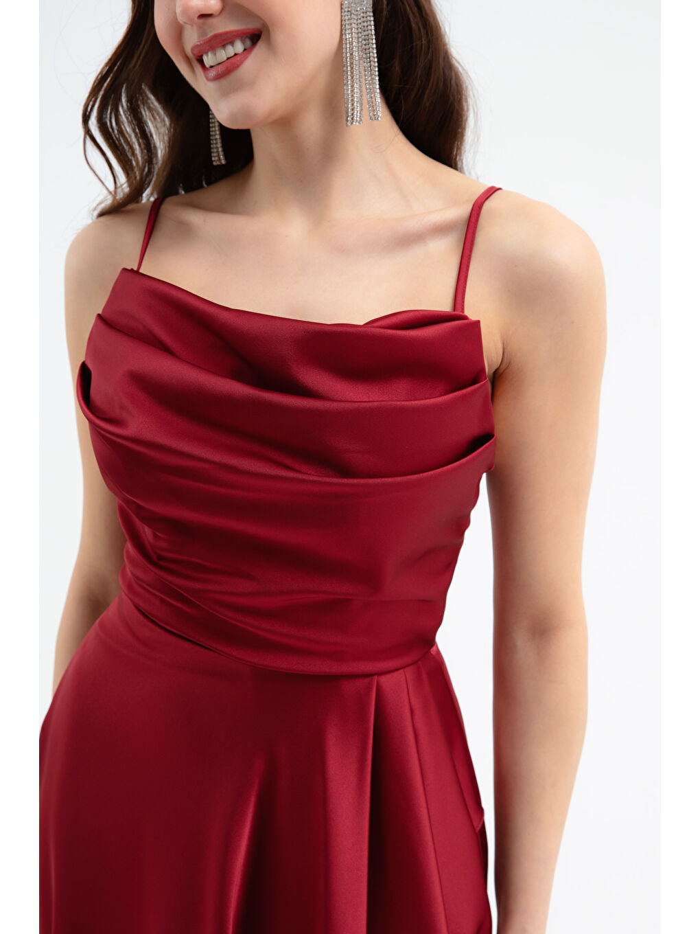 Kadın Bordo Volanlı Yırtmaçlı Saten Midi Boy Abiye & Mezuniyet Elbisesi-2