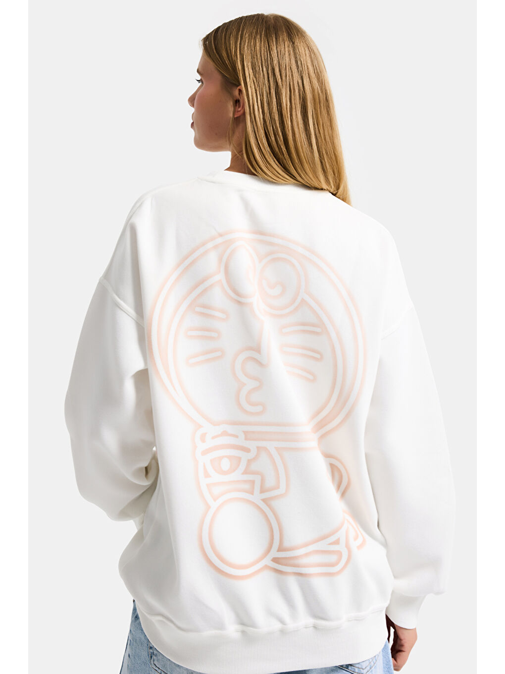 Kadın Beyaz w5 Oversize Baskılı %100 Pamuk Organik Kumaş Sweatshirt-1