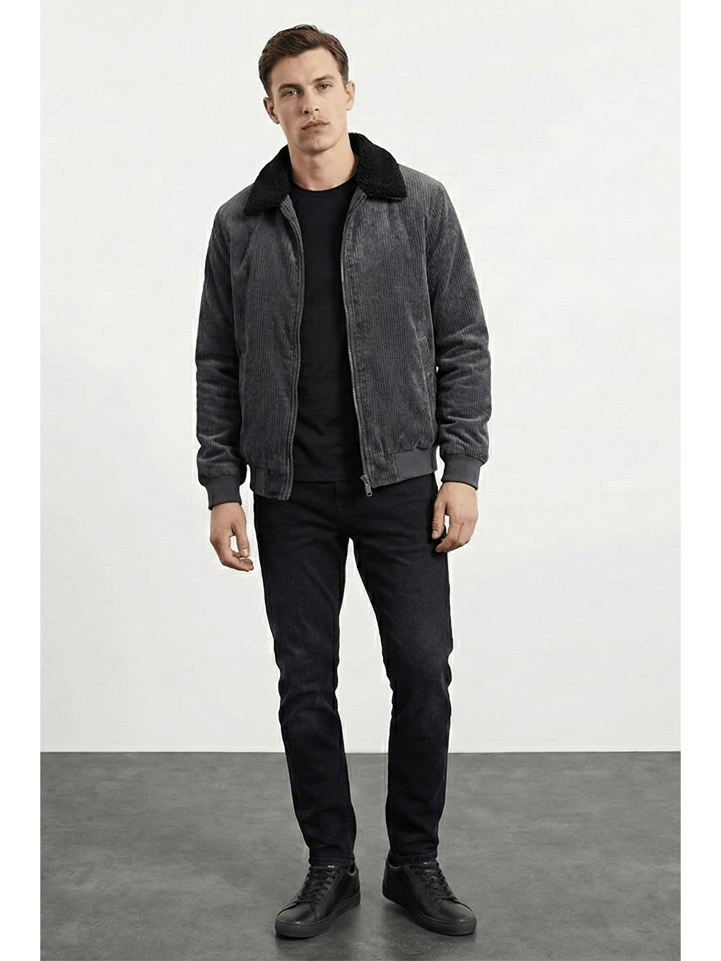 Gri Erkek Kadife Mont Pelüş Astarlı Gömlek Yaka Rüzgar Geçirmez Kadife Mont-2