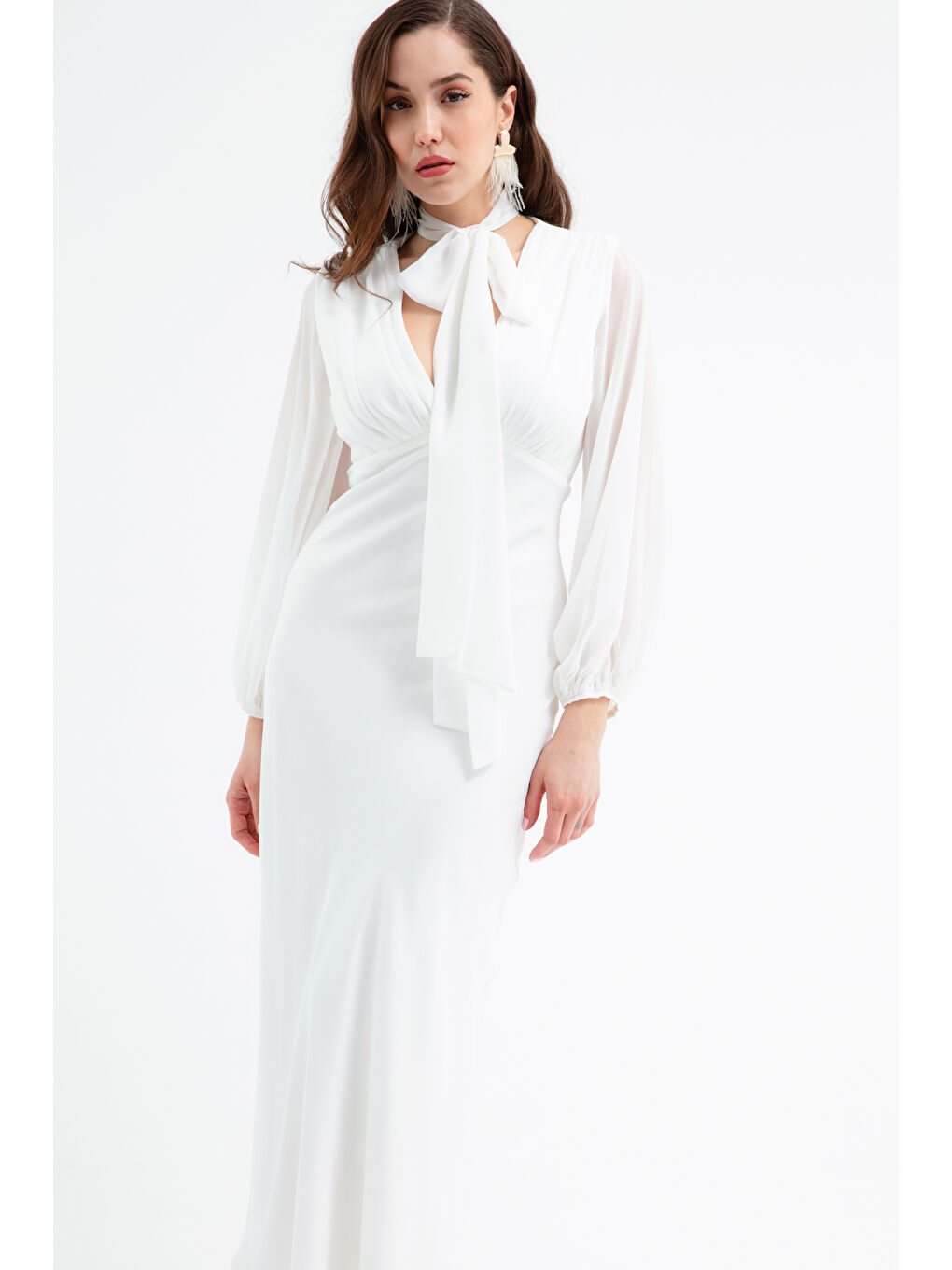 Kadın Beyaz Şifon Garnili Elbise-2