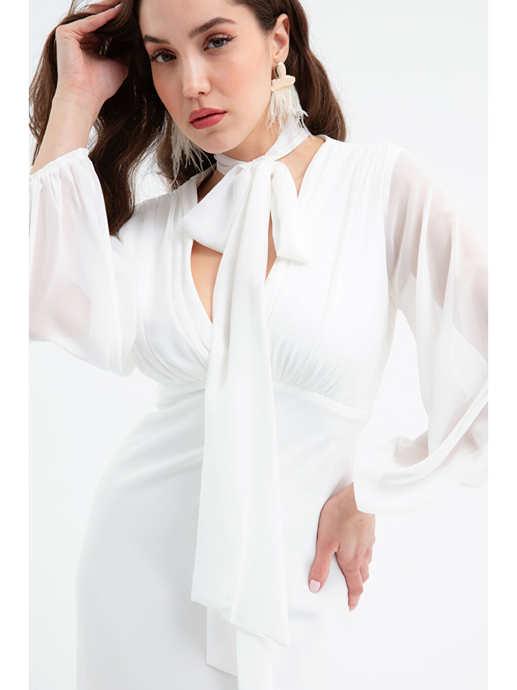 Kadın Beyaz Şifon Garnili Elbise-3