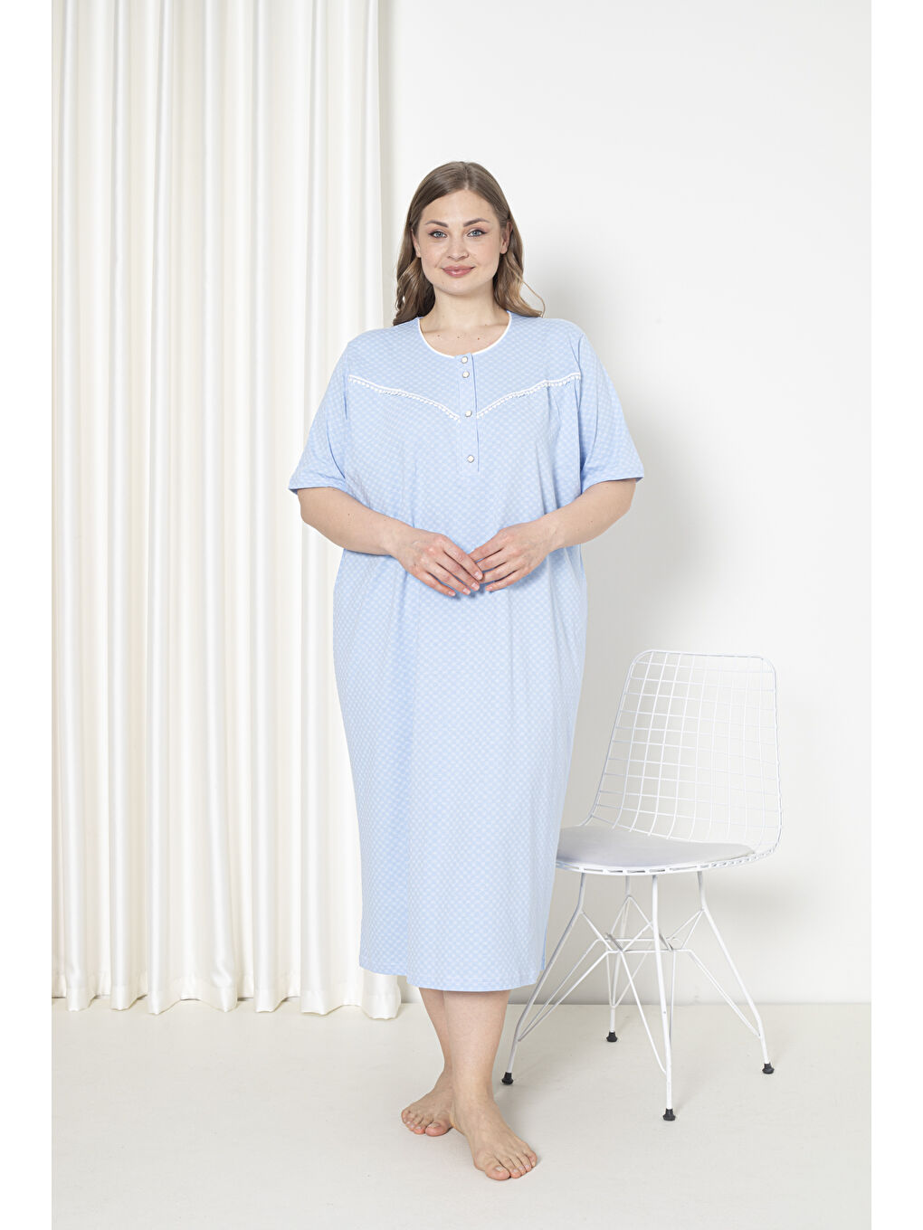 Mavi %100 Pamuklu Penye Kısa Kol Büyük Beden Anne Geceliği 051-1