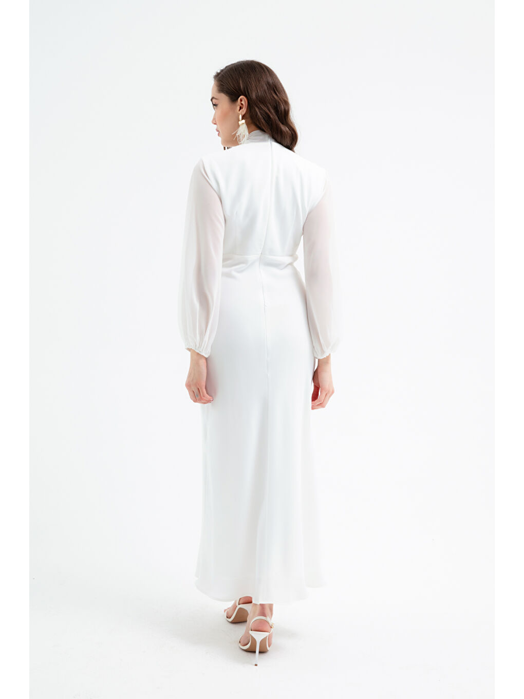 Kadın Beyaz Şifon Garnili Elbise-4