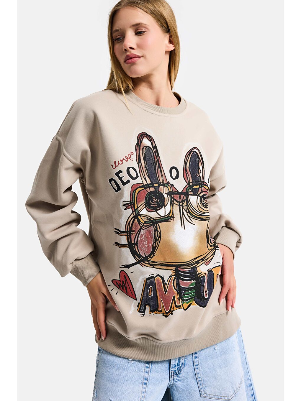 Kadın Ekru Bej w5 Oversize Baskılı %100 Pamuk Organik Kumaş Sweatshirt-3