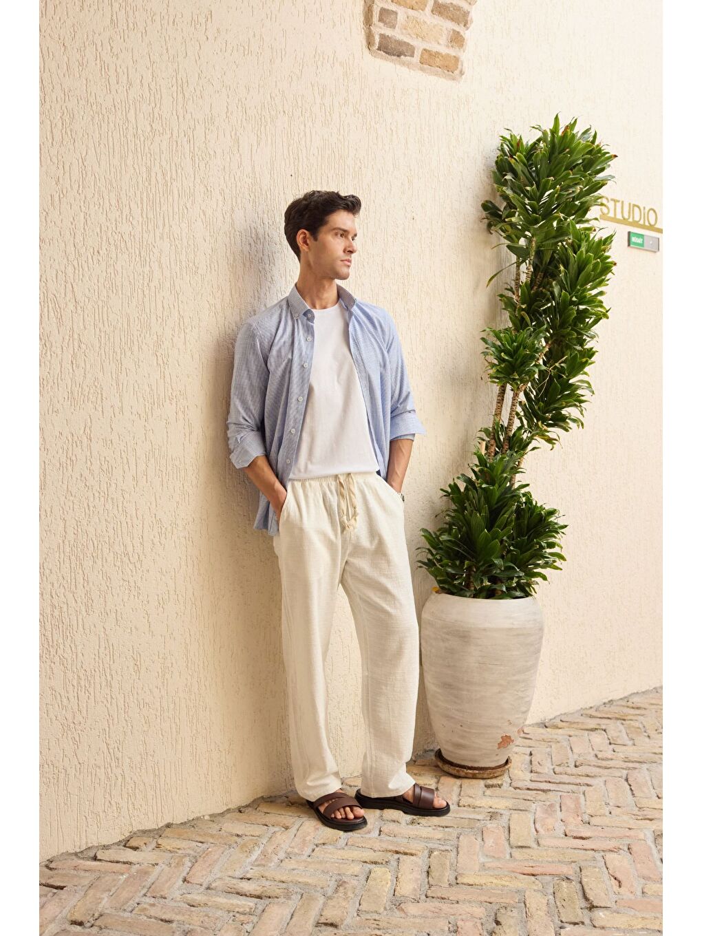 Mavi Kure Erkek Gömlek Modern Slim Fit Keten Görünümlü İnce ve Çizgili Doku-6