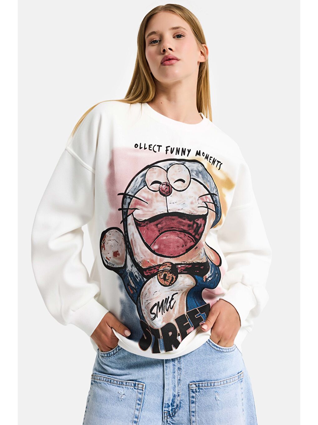 Kadın Beyaz w5 Oversize Baskılı %100 Pamuk Organik Kumaş Sweatshirt-2