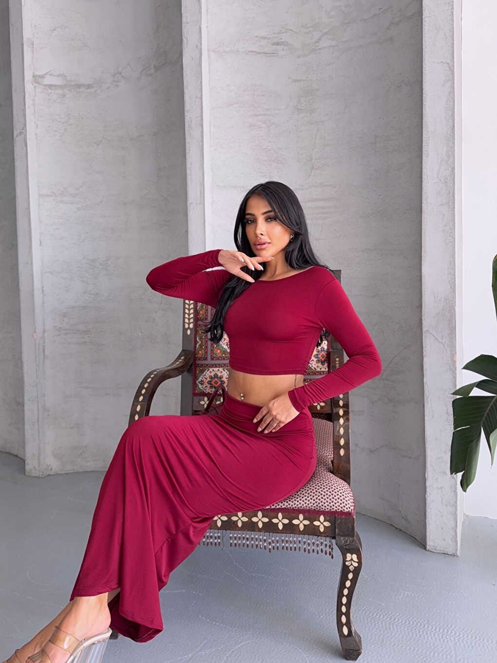 Bordo Sandy Kumaş Etek Bluz Takım-3