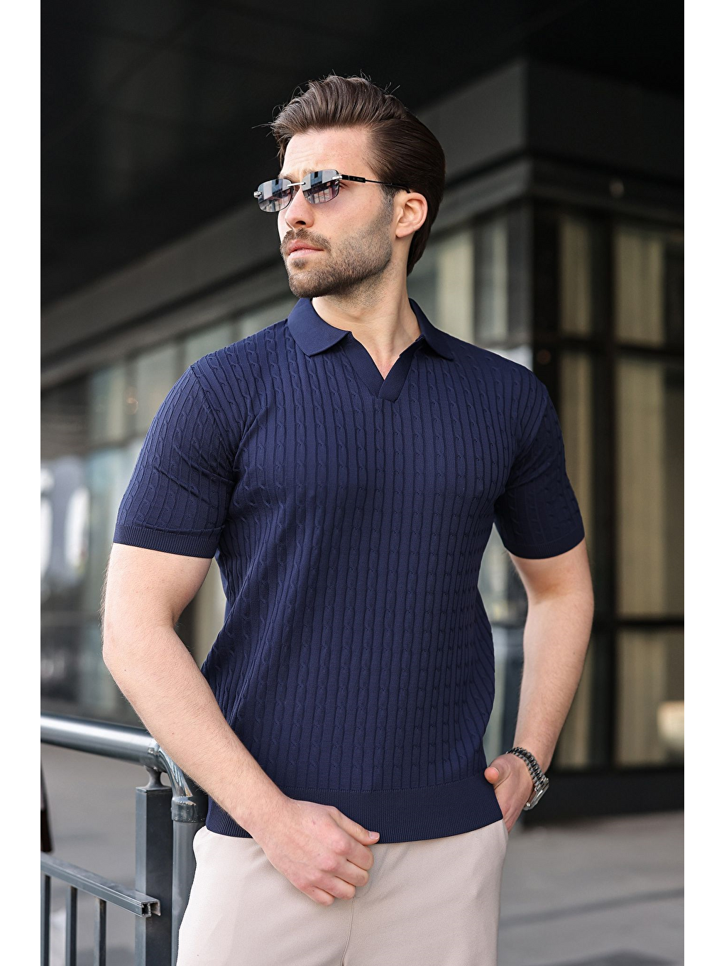 Lacivert Slim Fit Polo Yaka Triko Erkek Tişört E7472-1