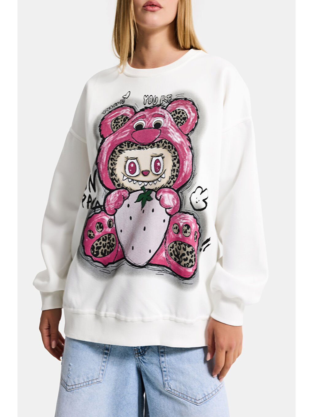 Kadın Beyaz w5 Oversize Baskılı %100 Pamuk Organik Kumaş Sweatshirt-1