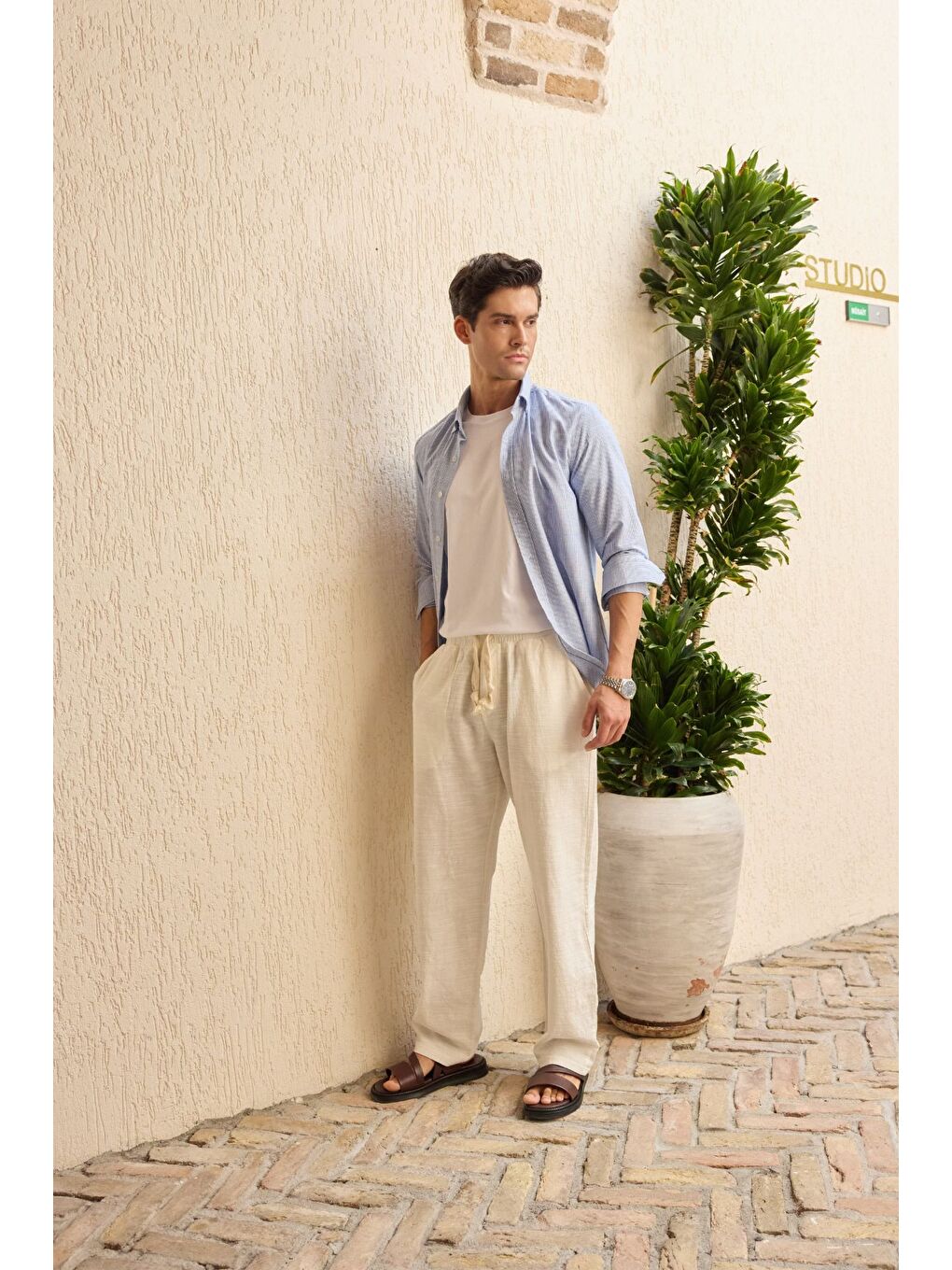 Mavi Kure Erkek Gömlek Modern Slim Fit Keten Görünümlü İnce ve Çizgili Doku-7