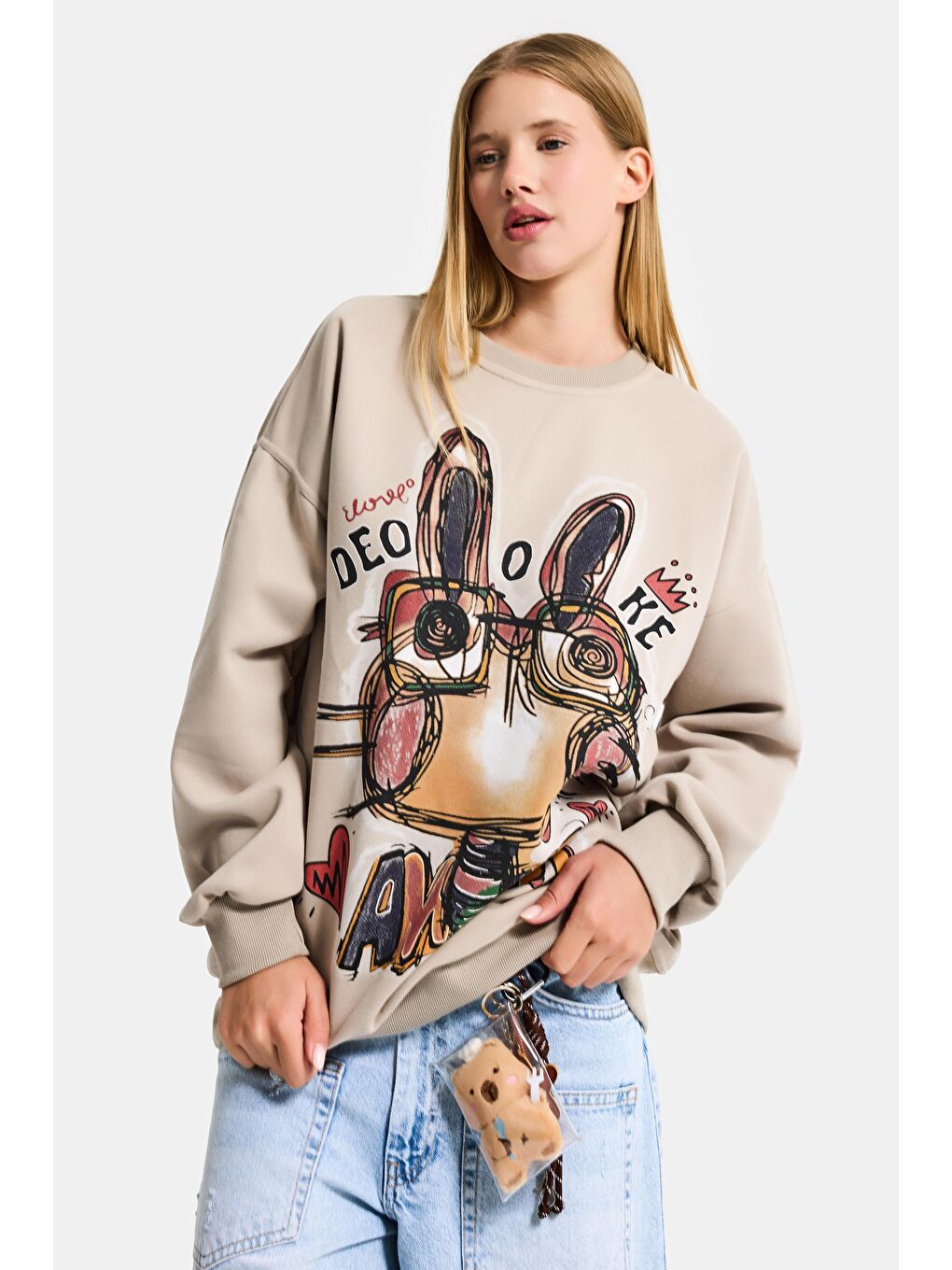 Kadın Ekru Bej w5 Oversize Baskılı %100 Pamuk Organik Kumaş Sweatshirt-4