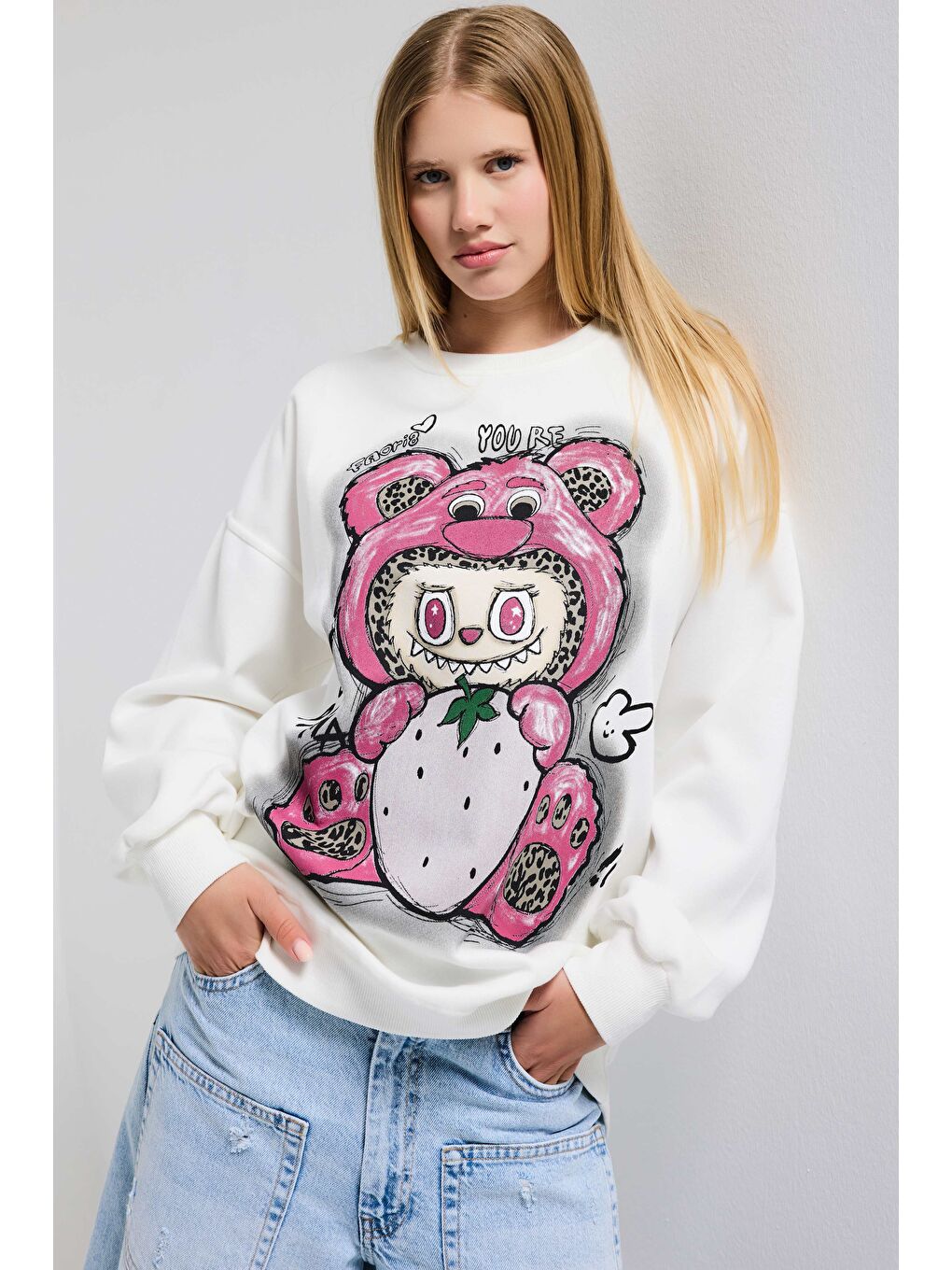 Kadın Beyaz w5 Oversize Baskılı %100 Pamuk Organik Kumaş Sweatshirt-2