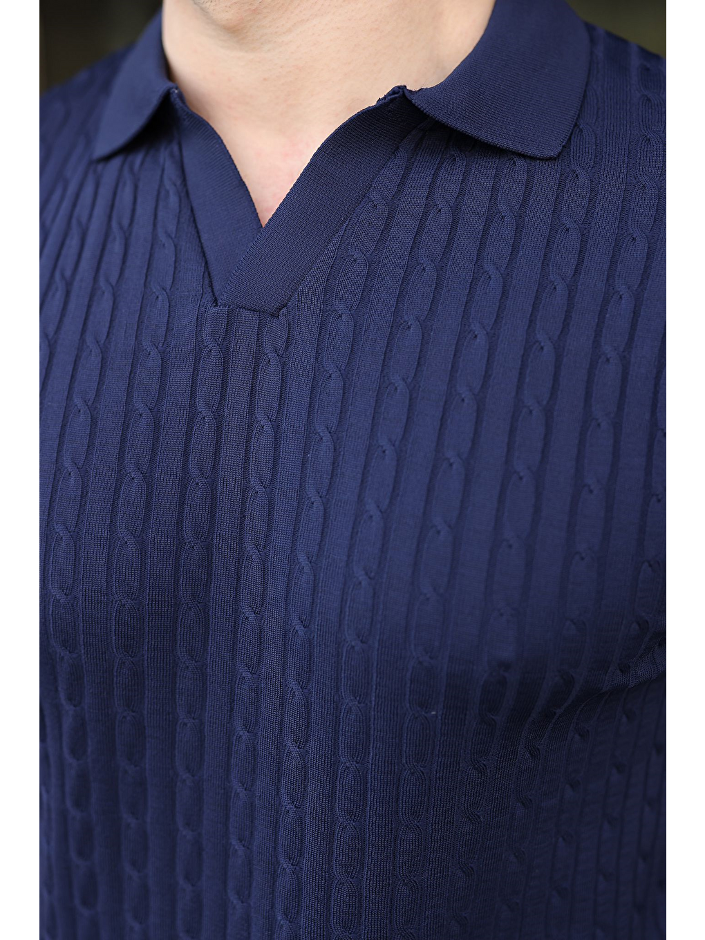 Lacivert Slim Fit Polo Yaka Triko Erkek Tişört E7472-2