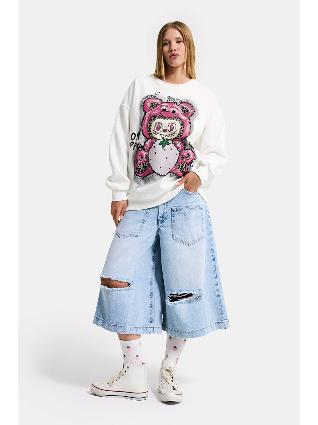 Kadın Beyaz w5 Oversize Baskılı %100 Pamuk Organik Kumaş Sweatshirt-3