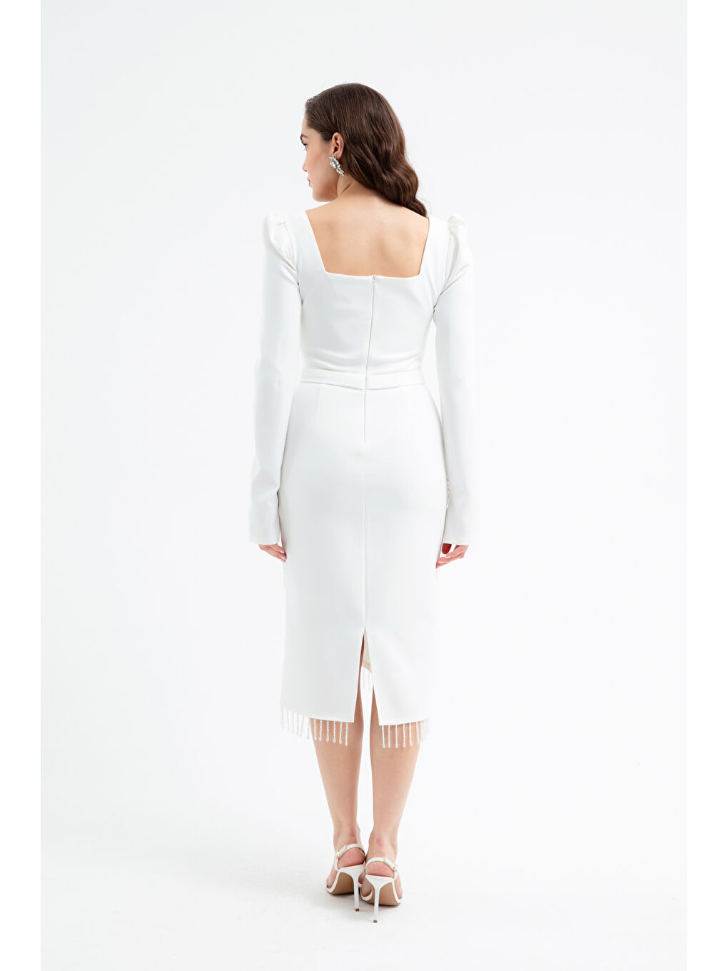 Kadın Beyaz Taş Detaylı Uzun Kol Söz Nişan Nikah Abiye Elbise-4