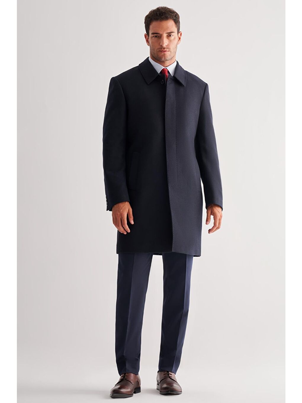 Koyu Lacivert Berberi Yaka Tam Astar Classic Comfort Fit Esnek Kaşe Palto 1005255152